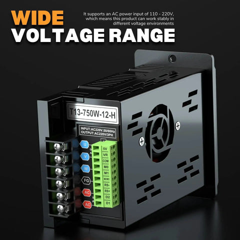 750W VFD Variable Frequency Drive 110-220V Input Converts Single Phase To 3 Phase Output, side view displaying voltage terminals
