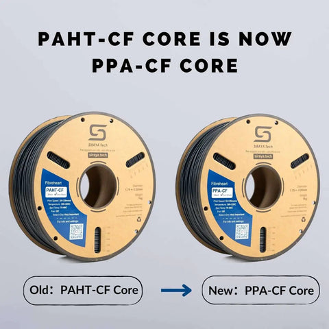 Two spools; left labeled 'Old: PAHT-CF Core', right labeled 'New: PPA-CF Core', showing Fibreheart PPA CF Core Black 25 Percent Carbon Fiber Core Concentrated 3D Printer Filament.