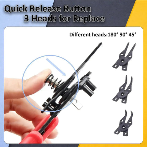 Hand holding pliers with quick release button and interchangeable heads, 850 Piece C Clip And E Clip Retaining Ring Kit With 24 Sizes From M2 To M16 Carbon Steel Heavy Duty Snap Ring Pliers And Tweezers For Auto Repair And DIY Projects.