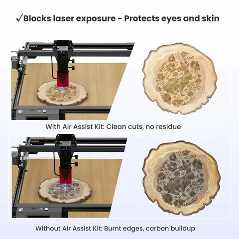 Pro Grade Longer Cut Engraver Air Assist Kit with Air Pump in use on Ray5 10W, displaying clean cuts vs burnt edges on wood.