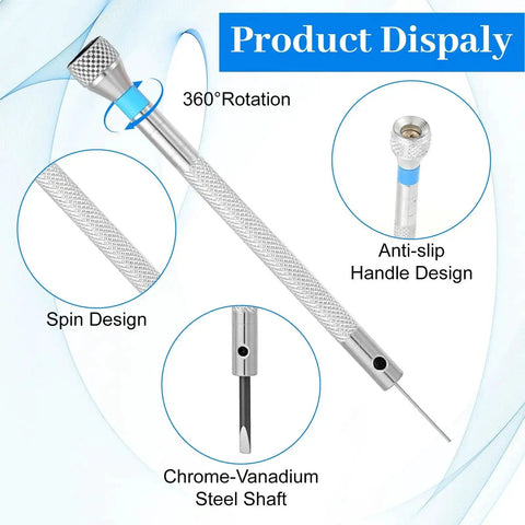 8 Piece Mini Watch Screwdriver Set For Jewelry Eyeglass And Electronics Repair showing 360° rotation, anti-slip handle, chrome-vanadium shaft.