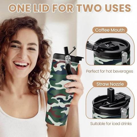 Woman holding Camouflage 30Oz Tumbler With Handle Stainless Steel Insulated Travel Cup With Flip Straw and dual-use lid.