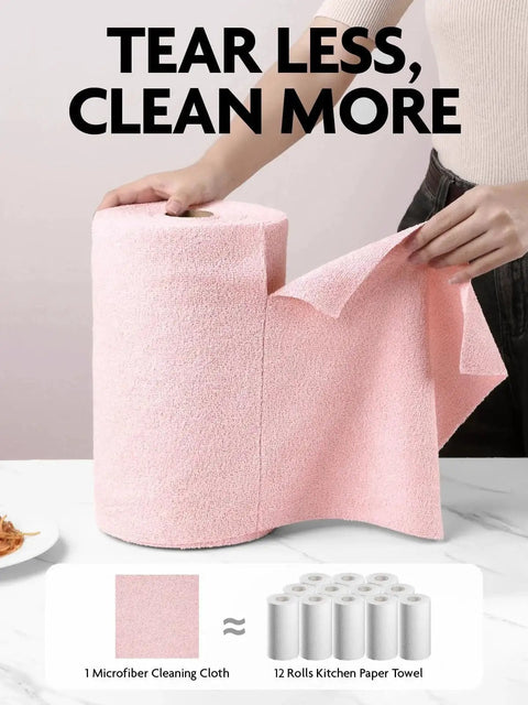 Person showcasing Ultra Absorbent Microfiber Cloth Roll Tear Away Towels 12x12 Pink Grey Reusable on table.