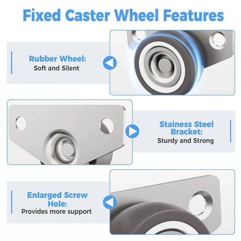Mini Side Mount Casters 1.25 Inch Low Profile Rigid Non Swivel Rubber Wheels For Sliding Doors with stainless steel bracket