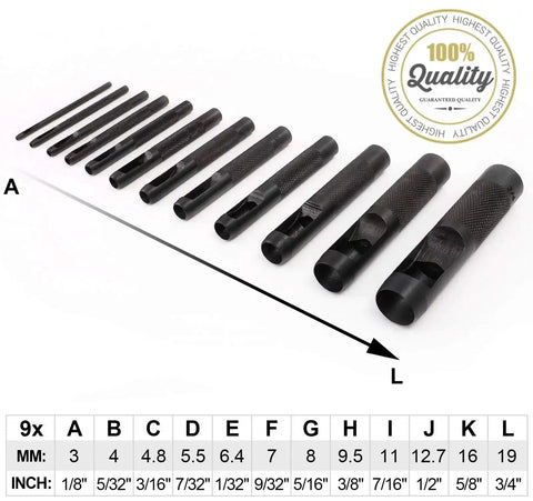 12 Piece Hollow Punch Set 1/8 To 3/4 Inch Built Tough Carbon Steel Leather Hole Punch Kit with size chart for Belts and DIY Projects