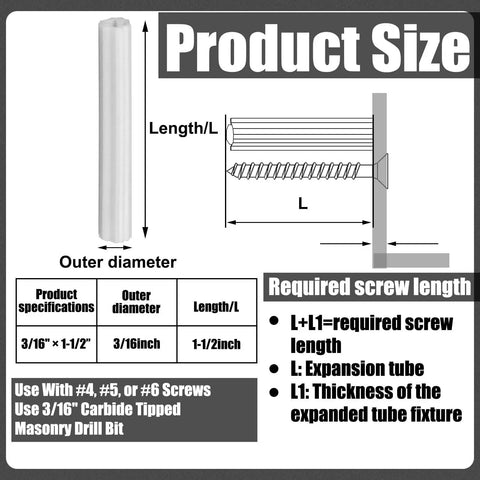 Diagram showing Expanding Plastic Screw Anchors 200 Pcs 3/16 Inch Hole 1-1/2 Inch Length for concrete masonry and tile installation.