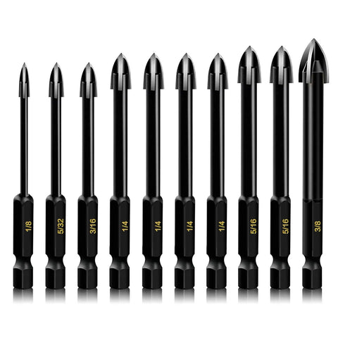 Front view of 10 Piece Glass Concrete Drill Bit Set With Hex Shank Tungsten Carbide Tips For Masonry Drilling In Brick Plastic Wood
