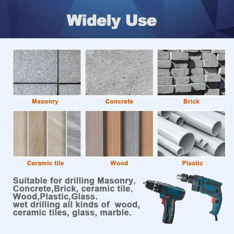 Image showcasing materials suitable for the 10 Piece Hex Shank Concrete Drill Bit Set, including masonry, concrete, brick, ceramic tile, wood, and plastic.