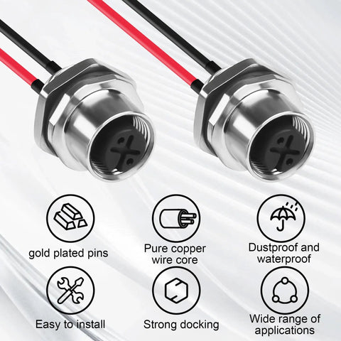 Close-up of two M12 2 Pin Female Connector Cable ACoded IP67 Waterproof Aviation Connector with features like gold plated pins.