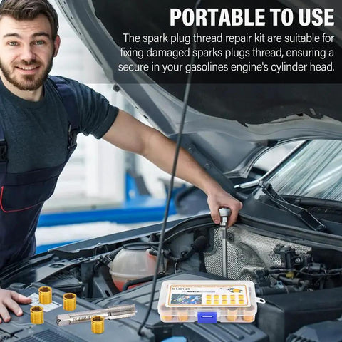 Mechanic using Spark Plug Thread Repair Kit With 10 Inserts And Tap For M14x1.25 on car engine