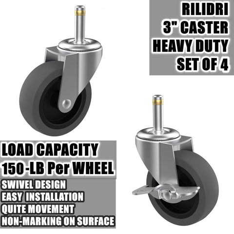 Three Inch Swivel Stem Caster Set Of Four For Rubbermaid Mop Buckets And Utility Carts With Seven Sixteenth Inch Stem Diameter