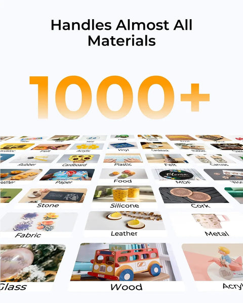 All In One Desktop Craft Machine With 4 In 1 Capabilities showcasing 1000+ material compatibility including wood, metal, and fabric.