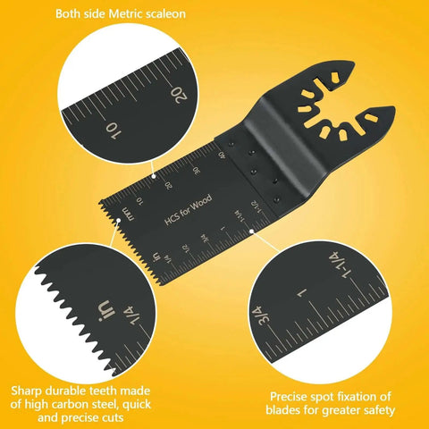 Close-up of metal wood blade with measurements from Versatile 100 Piece Oscillating Saw Blade Kit for Wood Metal Plastic with Quick Release Fits Dewalt Ryobi Bosch Milwaukee Universal Oscillating Tool Blades for Any Job in the Workshop Pro Grade