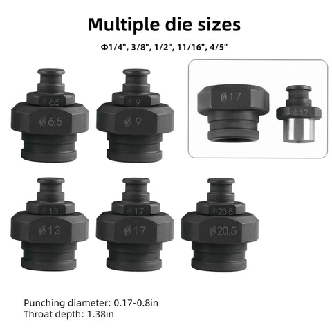 Multiple die sizes for Beefy 1800W Hydraulic Hole Puncher With 10 Ton Punch Power Electric Metal Punch Tool with various dimensions.