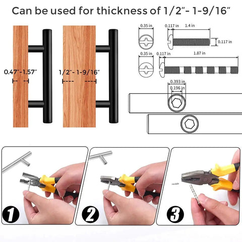 Installation guide for 30 Pack 5 Inch Cabinet Pulls Matte Black Stainless Steel Kitchen Drawer Pulls with size and dimensions.