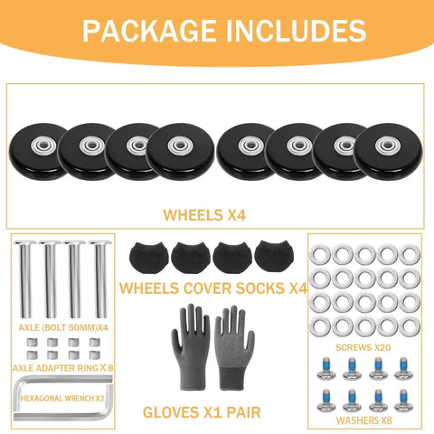 Replacement Luggage Wheel Set With Eight Rubber Swivel Caster Wheels 1.97 By 0.55 Inches 50 By 14 Millimeters Includes Four Wheel Cover Socks Axles And Repair Kit For Luggage Bags And Trolley Case Durable High Quality Ball Bearing Design For Smooth Roll displayed with components including axles, screws, washers, wrenches, and gloves.