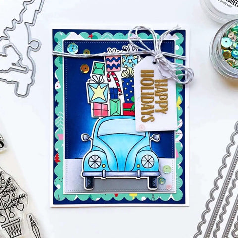 Rectangle Frame Metal Die Cuts Set with Scalloped Edges and Stitched Nesting Tags for DIY Scrapbooking on holiday card