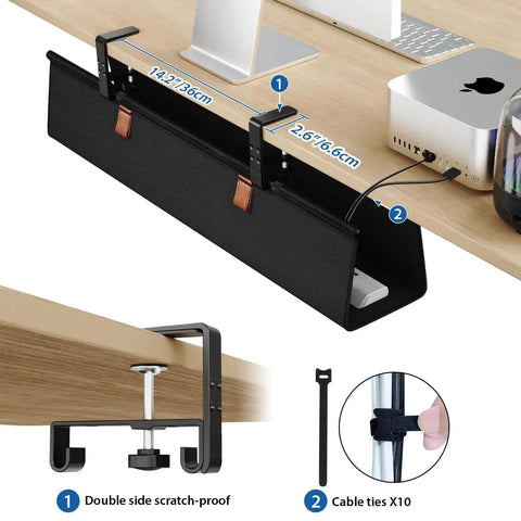 No Drill Under Desk Cable Management Tray 30 Inch Cord Organizer with Table Clamp or Screw Mount, shown installed with cables