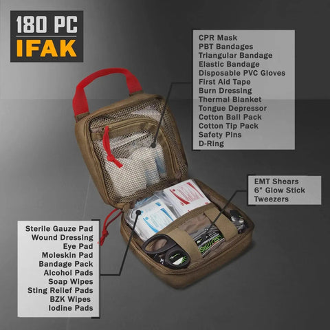 Open Beefy 180 Piece Tactical First Aid Kit with IFAK MOLLE pouch showing medical supplies labels.