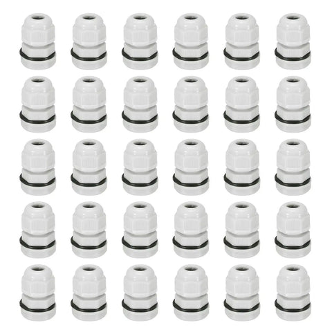 30 Pack PG7 Cable Glands Adjustable 3-6.5mm PA6 Nylon IP68 Waterproof Connectors displayed in grid layout