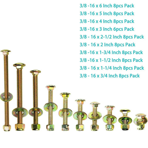 Eight pack of Three Eighths Inch By Six Inch Carriage Bolts With Square Neck And Nylon Lock Nuts, Large Washer Assortment Kit, Galvanized