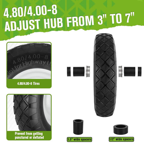 4.80 4.00 8 Flat Free Wheel And Tire For Wheelbarrows 16 Inch Solid Wheel Heavy Duty with hub spacers shown