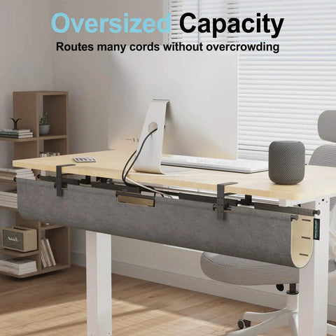 2 In 1 Under Desk Cable Management Tray And Privacy Panel with dual sided felt organizer installed on home office desk