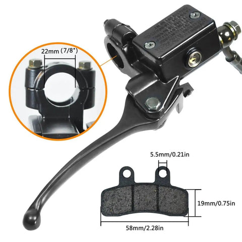 Beefed Up Front Hydraulic Disc Brake Master Cylinder Caliper Assembly With Pads For 50cc 70cc 90cc 110cc 125cc Dirt Pit Bikes And ATVs Including SSR DB10 DB14 Apollo Roketa Lifan Baja SDG Thumpstar Pitster Pro. Measures 22mm (7/8") for handlebars.