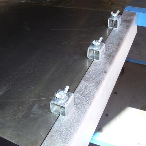 Acrux7 butt welding clamps, 3 carbon steel panel clamps on a sheet metal edge for auto body work