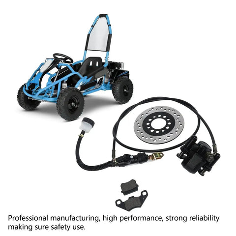 Hydraulic disc brake kit for 50cc–250cc dirt bikes and go-karts; includes rotor, caliper, master cylinder, hose, and pads