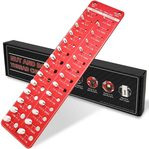 Nut And Bolt Thread Checker For Standard And Metric Thread Sizes Screw Size Identifier Gauge in red, showing 28 sizes on a black box.