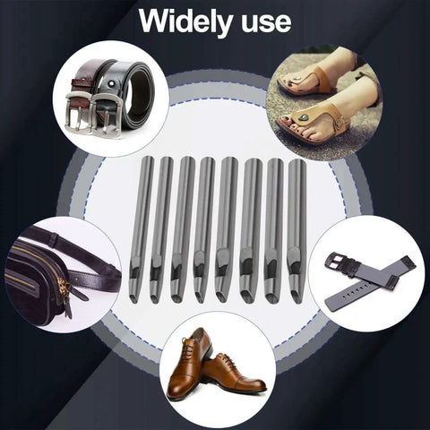 Eight Size Leather Oval Hole Punch Kit 2mm To 5mm Pro Grade Hollow Punch Tool Set for belts, watch bands, and leather crafts displayed.