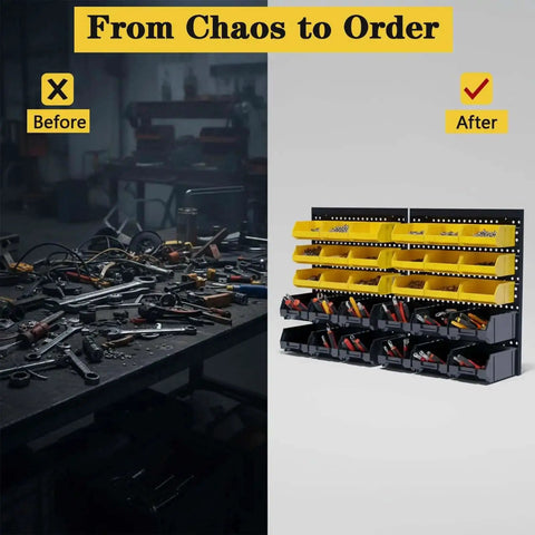 Before and after comparison showing Wall Mounted Storage Bins 30 Compartment Tool Organizer Rack For Tools Hardware Crafts Office Supplies