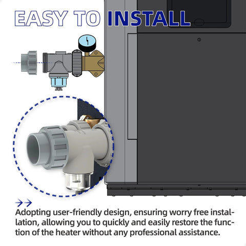 PalpitateC 2-inch PVC heater flange connector with nut for Raypak pool heater; installation illustration