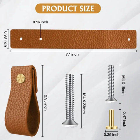 Dimensions and components of 12 Pack Leather Drawer Pulls Set Handcrafted Leather Handles For Dresser Cabinets Drawers And Closet Doors.