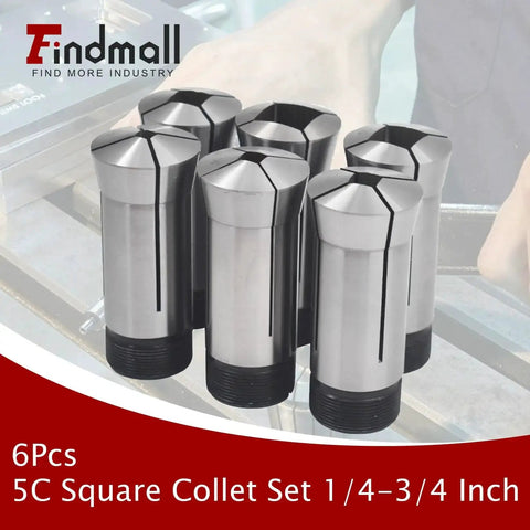 Display of 6-piece 5C Square Collet Set 1/4 to 3/4 Inch for lathe machining and turning, shown on a workshop table.