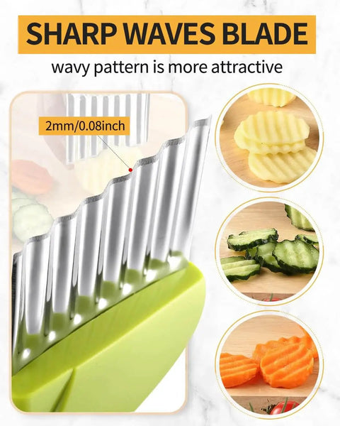 Crinkle Cutter For Potatoes And Veggies Stainless Steel 430 Anti Rust Wavy Knife Potato Chip Chopper shown with wavy blade and slices