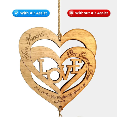 Wooden heart decoration engraved with 'Love' showing results with and without air assist from Air Assist Pump Kit For Laser Cutter And Engraver With Adjustable 30 Liters Per Minute Flow Keeps Smoke And Dust Out Protects Laser Lens Improves Engraving Quality And Delivers Clean Cutting Edges Compatible With D1 Pro And D1.