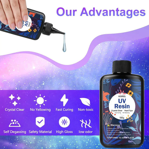 Pouring bottle with UV Resin Jewelry Kit With 300G Crystal Clear Resin, advantages like crystal clear and fast curing displayed.
