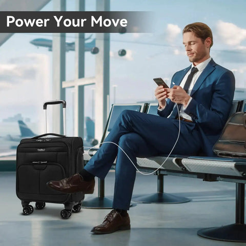 Businessman at airport with Underseat Carry On Luggage With Wheels Soft Side 16 Inch Travel Bag For Airlines Lightweight TIAWOLT.
