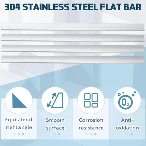 Four Piece Pack Of 304 Stainless Steel Flat Bar Rectangular Bars, 0.125 Inch Thick, 0.78 Inch Wide, 12 Inch Long, Ideal For Kitchen DIY Crafts And Metalworking For DIYers, MorningRo shown with features: smooth surface, corrosion resistance, anti-oxidation.