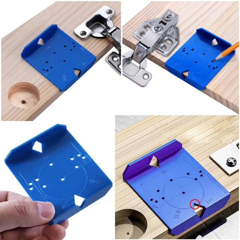Image of precise, portable hinge jig and punch locator drill guide set on wood, showcasing hole positioning for concealed Euro hinges.