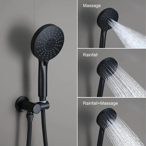 Matte Black Shower System With Wall Mounted Shower Mixer And Top Notch High Pressure Rain Shower Head Plus Three Setting Handheld Concealed Installation Trim Kit With Pressure Balance Valve Brass Arm 16 Inch Brass Shower Arm 1.5M Stainless Steel Hose showing three shower settings.