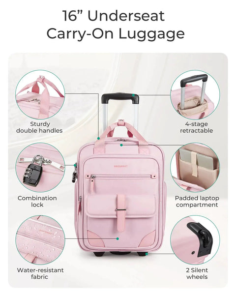 Underseat Carry On Luggage With Wheels For Women Sixteen Inch Lightweight Softside Carry On Bag With Features By BAGSMART