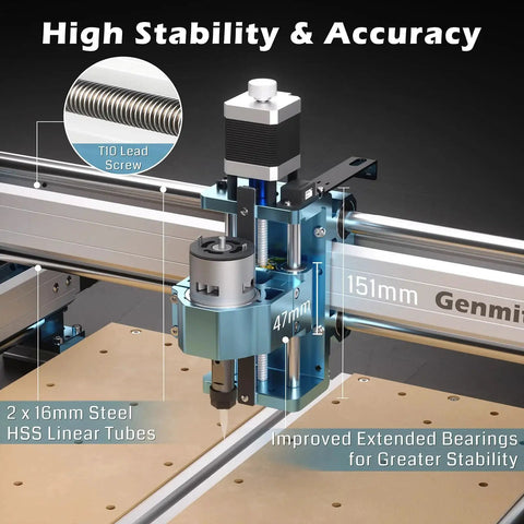 Close-up of Workhorse CNC Router Machine For Metal And Acrylic Cutting With GRBL Control 4040 Pro, featuring lead screw drive and metal frame.