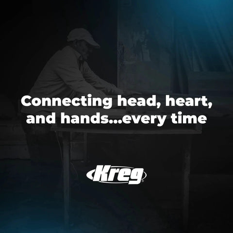 Man woodworking with text 'Connecting head, heart, and hands...every time' and Kreg logo, highlighting craftsmanship.