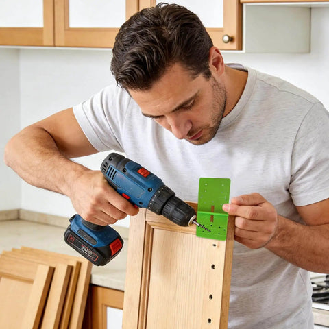 Man using a 35mm Hinge Template Router Jig For Cabinets Drawers And Furniture Doors With Pro Grade Durable Aluminum Guide