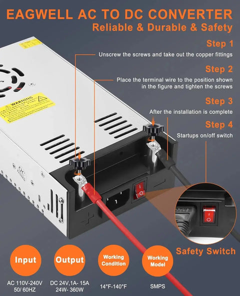 24V 360W DC Power Supply Universal 110V AC to DC 24V 15A Converter With Aluminum Alloy Shell showing input-output details and safety switch.