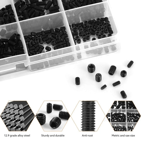Pro Grade Set Screw Kit With 1400 Pieces In SAE And Metric Sizes 26 Size Assortment for DIY and shop use displayed with screws and hex keys.