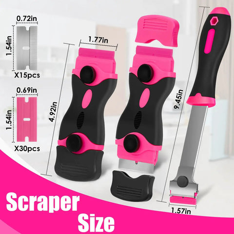 Pink Razor Scraper Kit With 3 Scrapers And 45 Replacement Blades Including 15 Metal And 30 Plastic Blades for cleaning